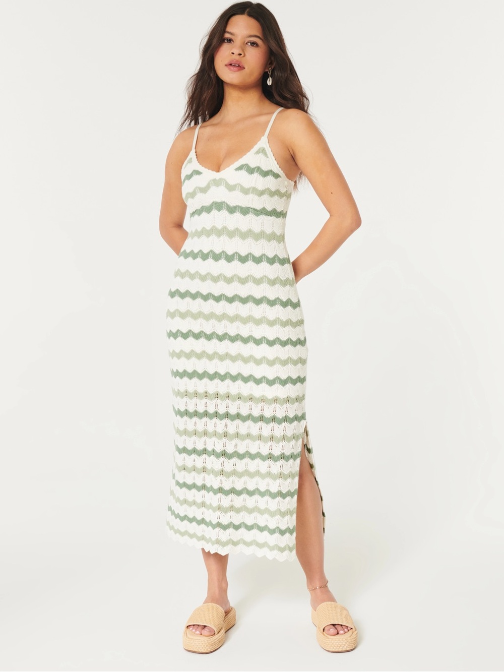 Hollister Cream and Sage Crochet-Style Midi Dress